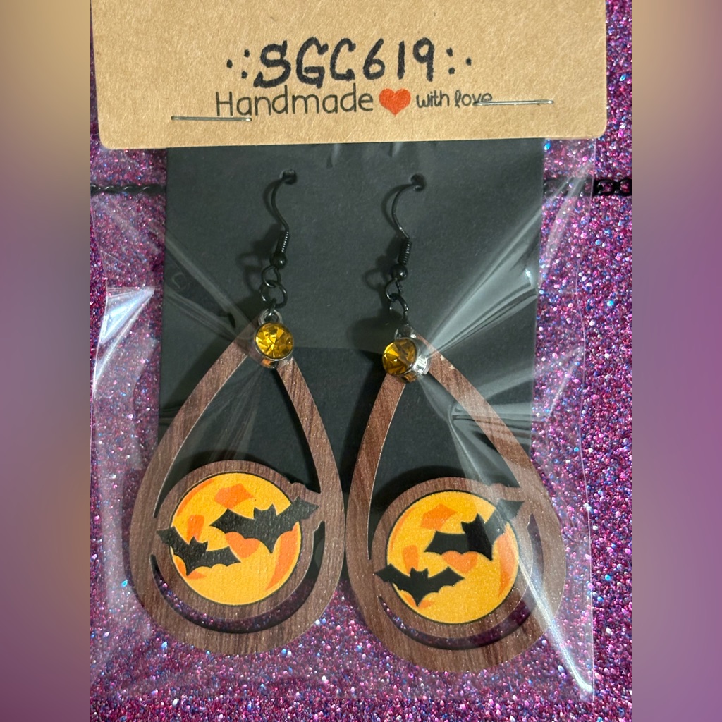 Halloween Bat Wooden Dangle Earrings With Charm Accents